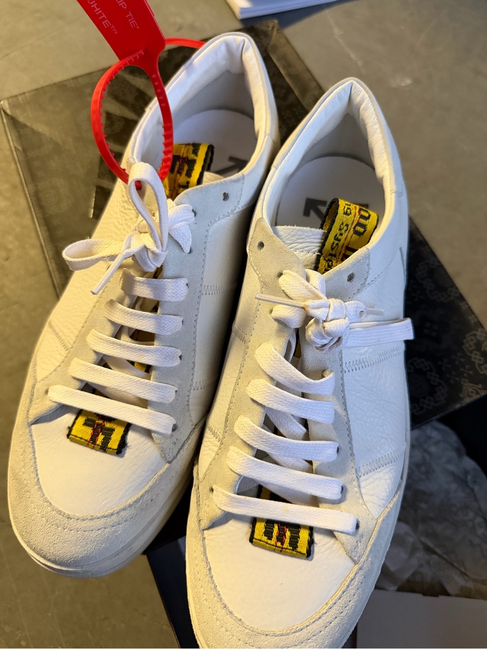 Off-White tape White Low-Top Leather & Suede Sneakers with Yellow Logo Tabs